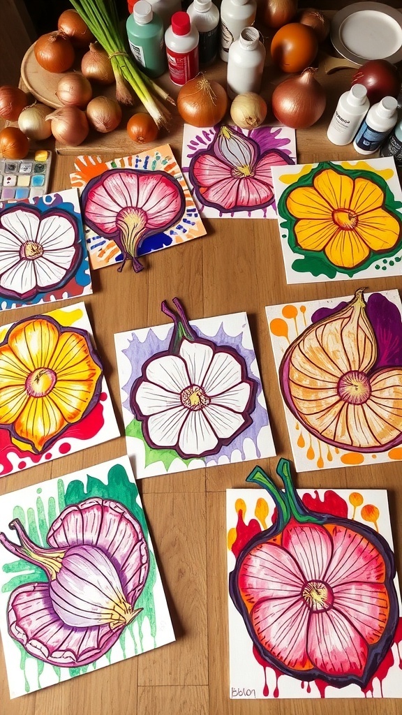 Colorful onion paintings on a table with fresh onions and art supplies.